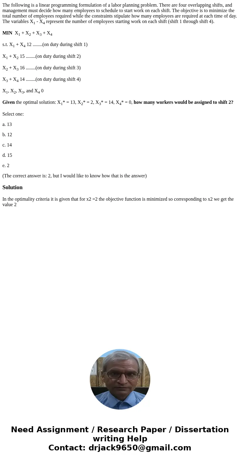 The following is a linear programming formulation of a labor planning problem. There are four overlapping shifts, and management must decide how many employees  The following is a linear programming formulation of a labor planning problem. There are four overlapping shifts, and management must decide how many employees