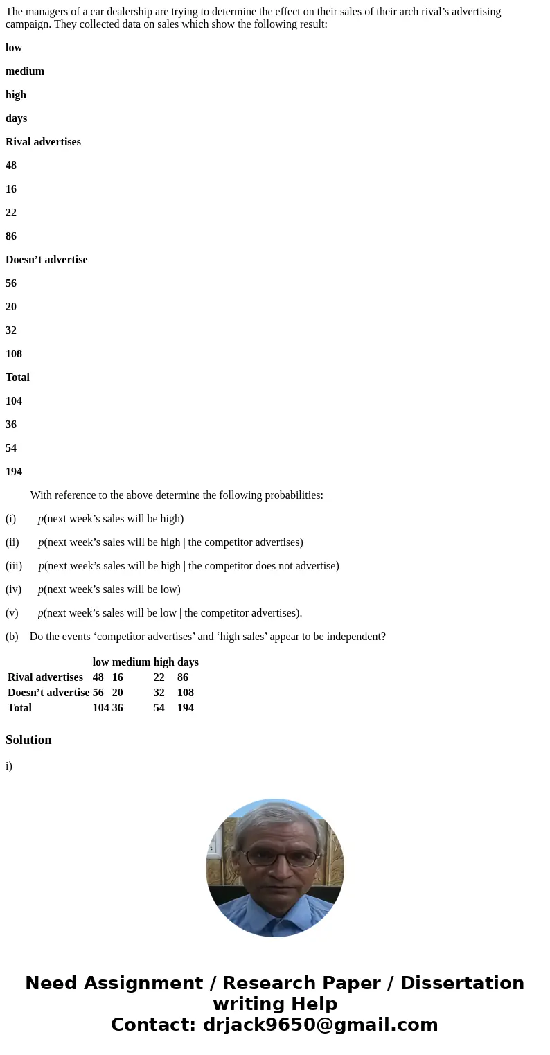 The managers of a car dealership are trying to determine the effect on their sales of their arch rival’s advertising campaign. They collected data on sales whic The managers of a car dealership are trying to determine the effect on their sales of their arch rival’s advertising campaign. They collected data on sales whic