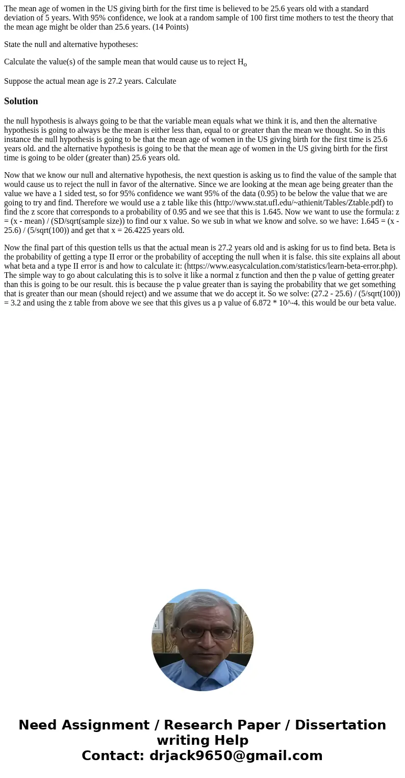 The mean age of women in the US giving birth for the first time is believed to be 25.6 years old with a standard deviation of 5 years. With 95% confidence, we l The mean age of women in the US giving birth for the first time is believed to be 25.6 years old with a standard deviation of 5 years. With 95% confidence, we l