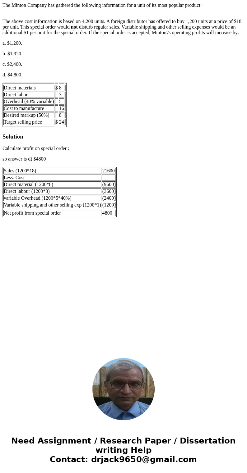 The Minton Company has gathered the following information for a unit of its most popular product: The above cost information is based on 4,200 units. A foreign 