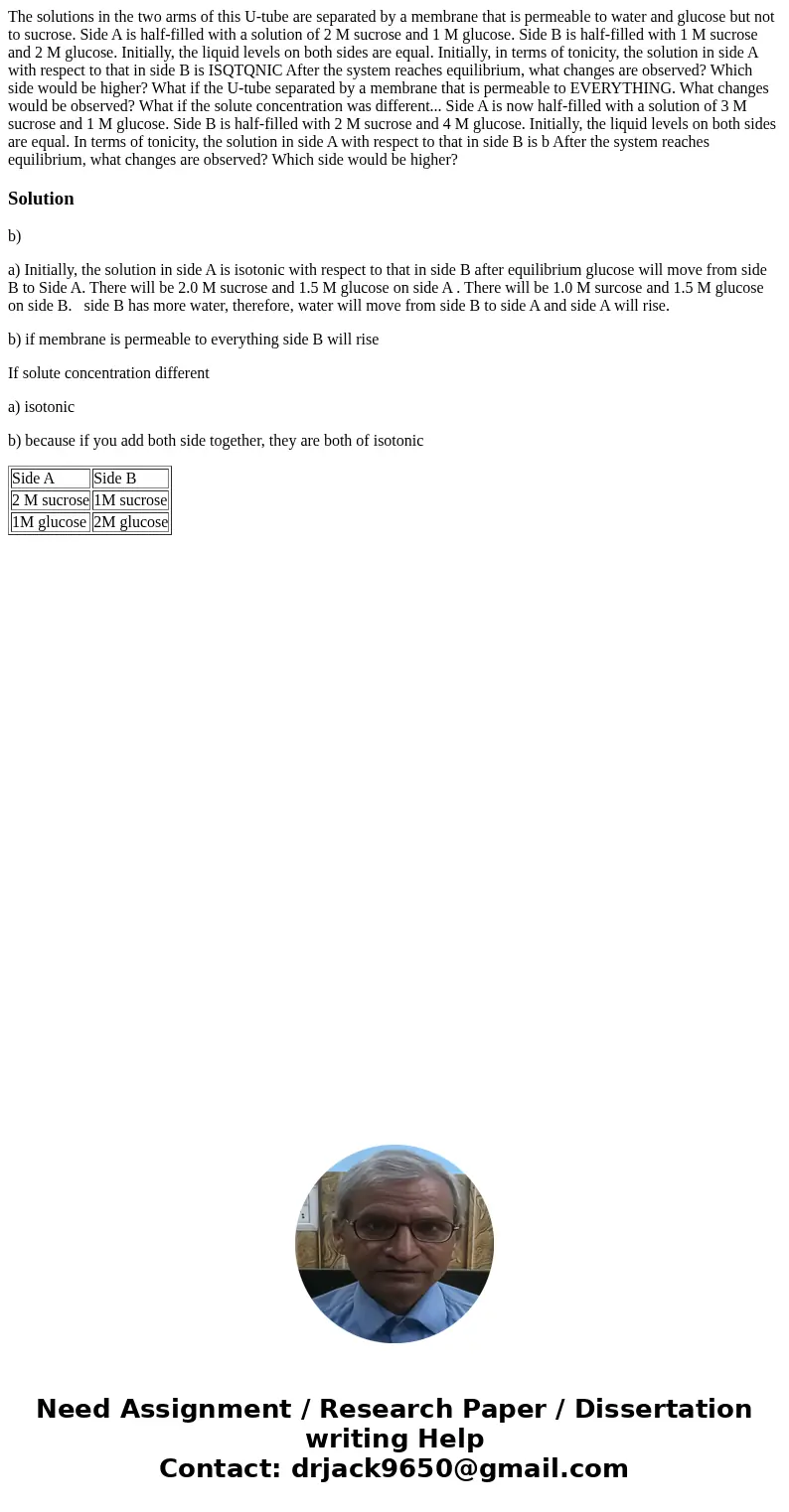 The solutions in the two arms of this U-tube are separated by a membrane that is permeable to water and glucose but not to sucrose. Side A is half-filled with   The solutions in the two arms of this U-tube are separated by a membrane that is permeable to water and glucose but not to sucrose. Side A is half-filled with