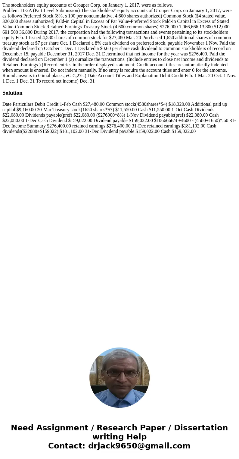 The stockholders equity accounts of Grouper Corp. on January 1, 2017, were as follows. Problem 11-2A (Part Level Submission) The stockholders\' equity accounts 