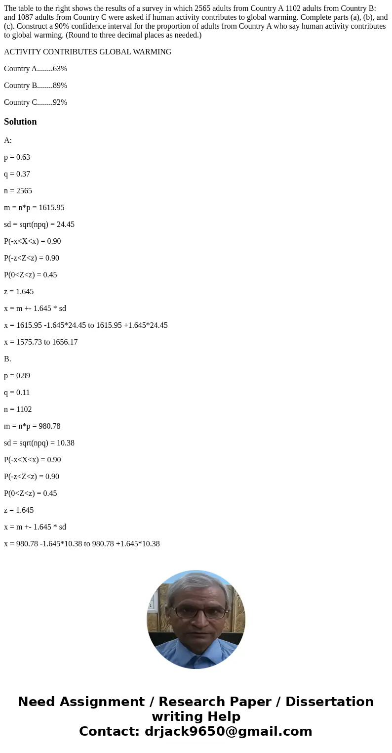 The table to the right shows the results of a survey in which 2565 adults from Country A 1102 adults from Country B: and 1087 adults from Country C were asked i The table to the right shows the results of a survey in which 2565 adults from Country A 1102 adults from Country B: and 1087 adults from Country C were asked i