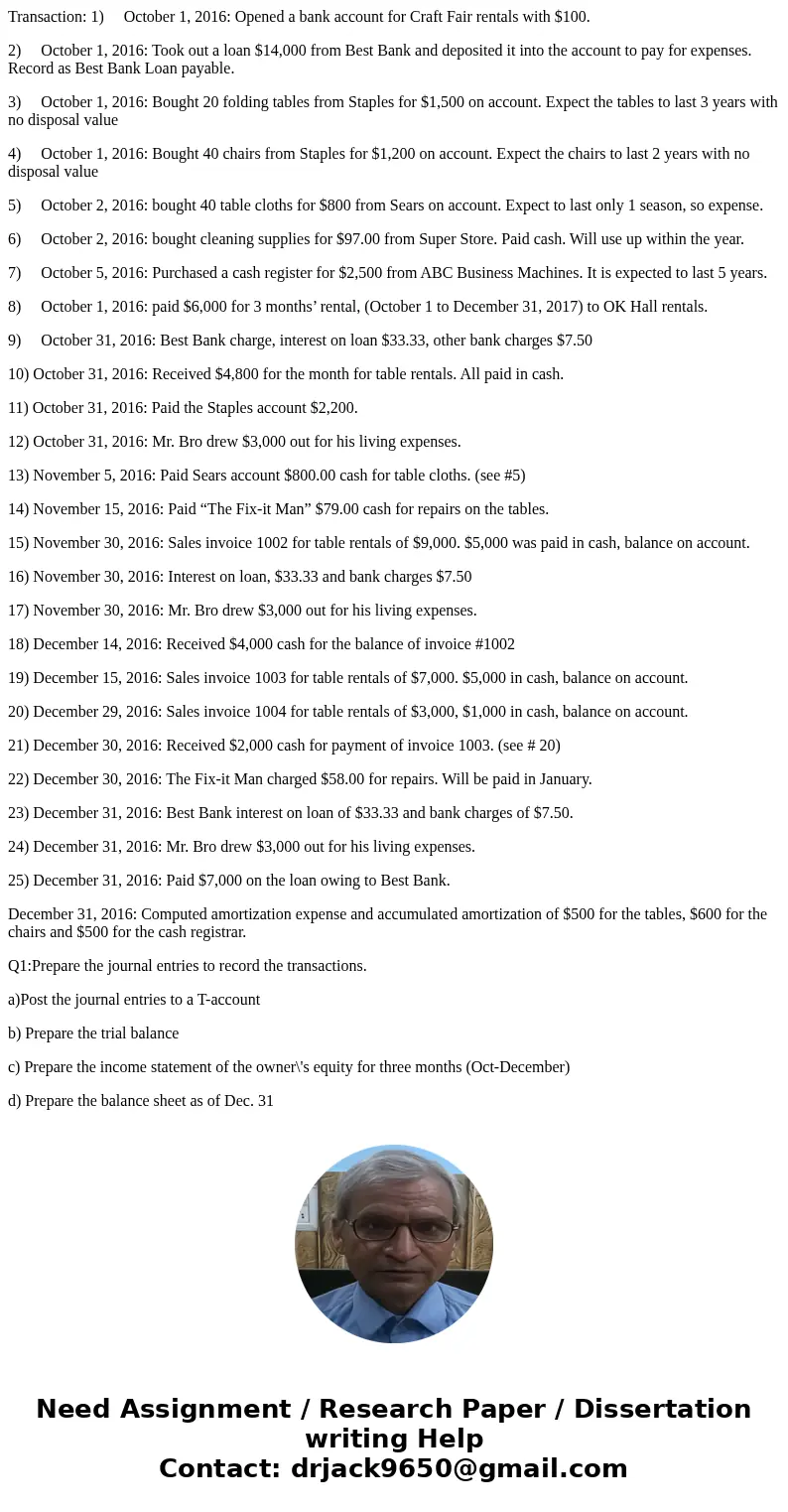 Transaction: 1) October 1, 2016: Opened a bank account for Craft Fair rentals with $100. 2) October 1, 2016: Took out a loan $14,000 from Best Bank and deposite Transaction: 1) October 1, 2016: Opened a bank account for Craft Fair rentals with $100. 2) October 1, 2016: Took out a loan $14,000 from Best Bank and deposite