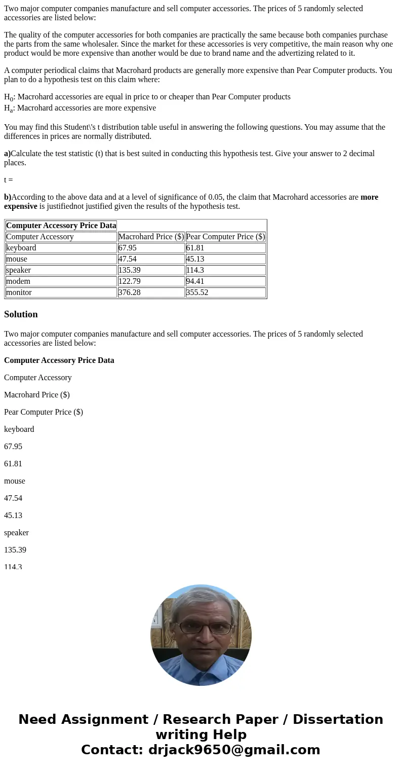 Two major computer companies manufacture and sell computer accessories. The prices of 5 randomly selected accessories are listed below: The quality of the compu