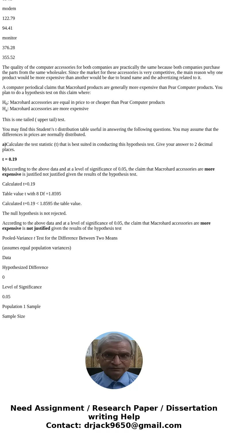 Two major computer companies manufacture and sell computer accessories. The prices of 5 randomly selected accessories are listed below: The quality of the compu