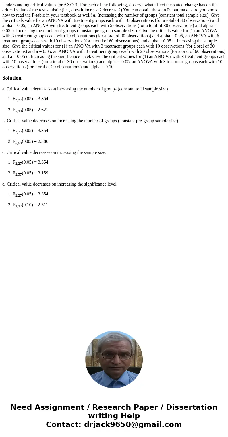 Understanding critical values for AXO?1. For each of the following, observe what effect the stated change has on the critical value of the test statistic (i.e.  Understanding critical values for AXO?1. For each of the following, observe what effect the stated change has on the critical value of the test statistic (i.e.