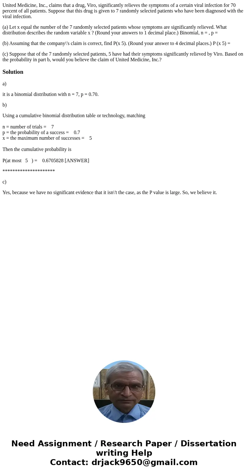 United Medicine, Inc., claims that a drug, Viro, significantly relieves the symptoms of a certain viral infection for 70 percent of all patients. Suppose that t United Medicine, Inc., claims that a drug, Viro, significantly relieves the symptoms of a certain viral infection for 70 percent of all patients. Suppose that t