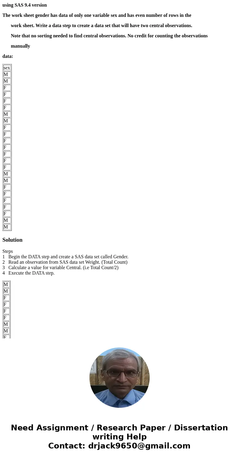 using SAS 9.4 version The work sheet gender has data of only one variable sex and has even number of rows in the work sheet. Write a data step to create a data  using SAS 9.4 version The work sheet gender has data of only one variable sex and has even number of rows in the work sheet. Write a data step to create a data
