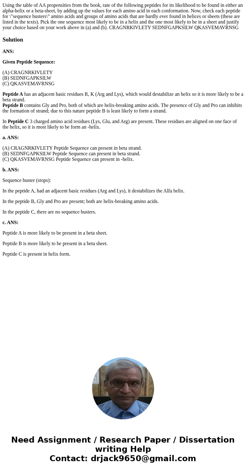 Using the table of AA propensities from the book, rate of the following peptides for its likelihood to be found in either an alpha-helix or a beta-sheet, by ad  Using the table of AA propensities from the book, rate of the following peptides for its likelihood to be found in either an alpha-helix or a beta-sheet, by ad