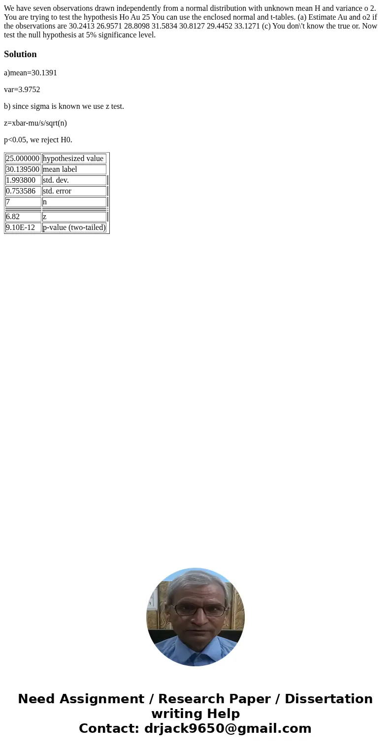  We have seven observations drawn independently from a normal distribution with unknown mean H and variance o 2. You are trying to test the hypothesis Ho Au 25 