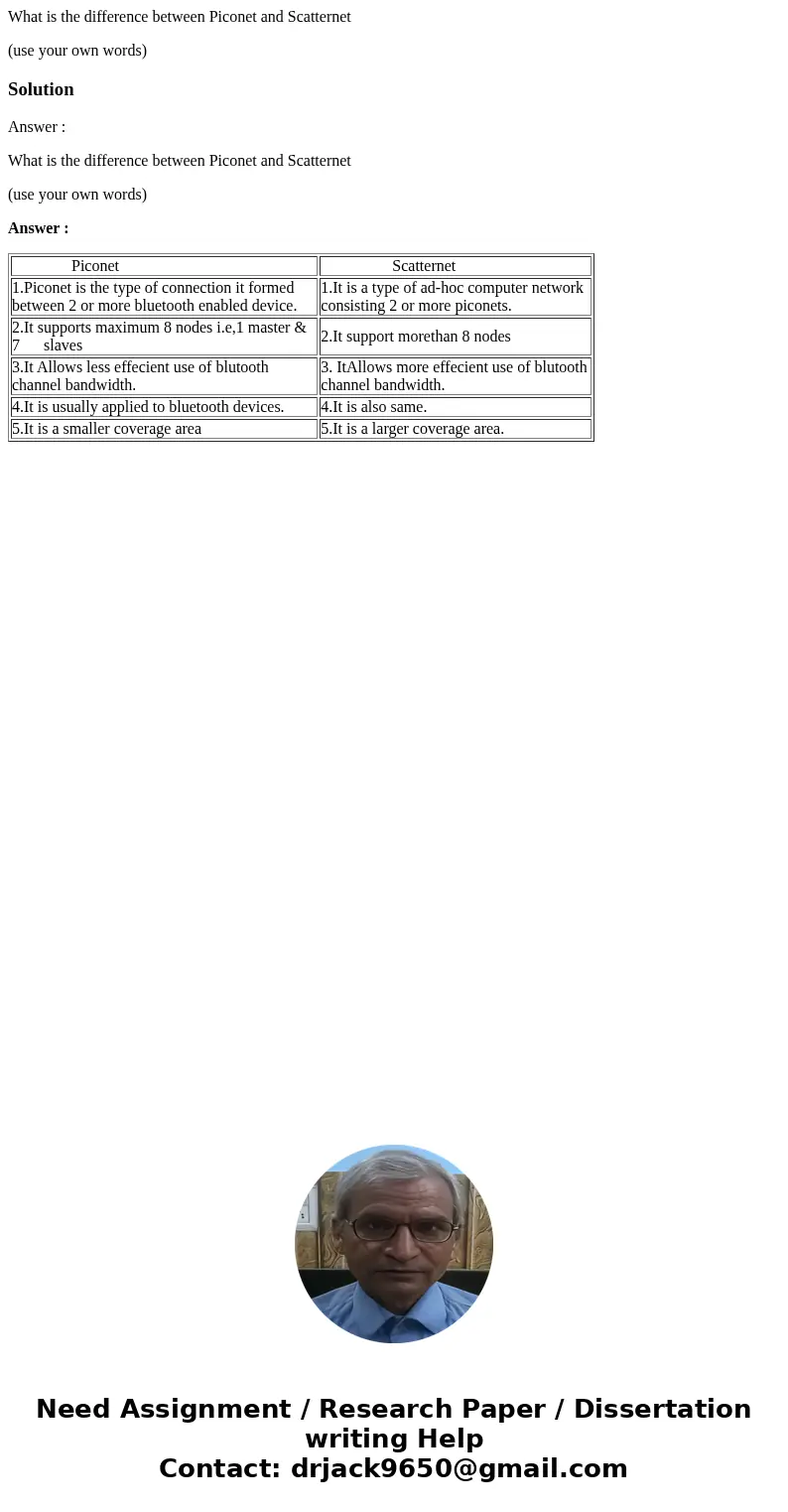 What is the difference between Piconet and Scatternet (use your own words)SolutionAnswer : What is the difference between Piconet and Scatternet (use your own w What is the difference between Piconet and Scatternet (use your own words)SolutionAnswer : What is the difference between Piconet and Scatternet (use your own w