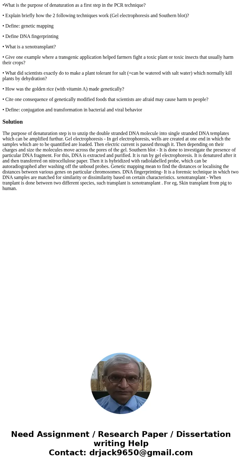 •What is the purpose of denaturation as a first step in the PCR technique? • Explain briefly how the 2 following techniques work (Gel electrophoresis and Southe •What is the purpose of denaturation as a first step in the PCR technique? • Explain briefly how the 2 following techniques work (Gel electrophoresis and Southe