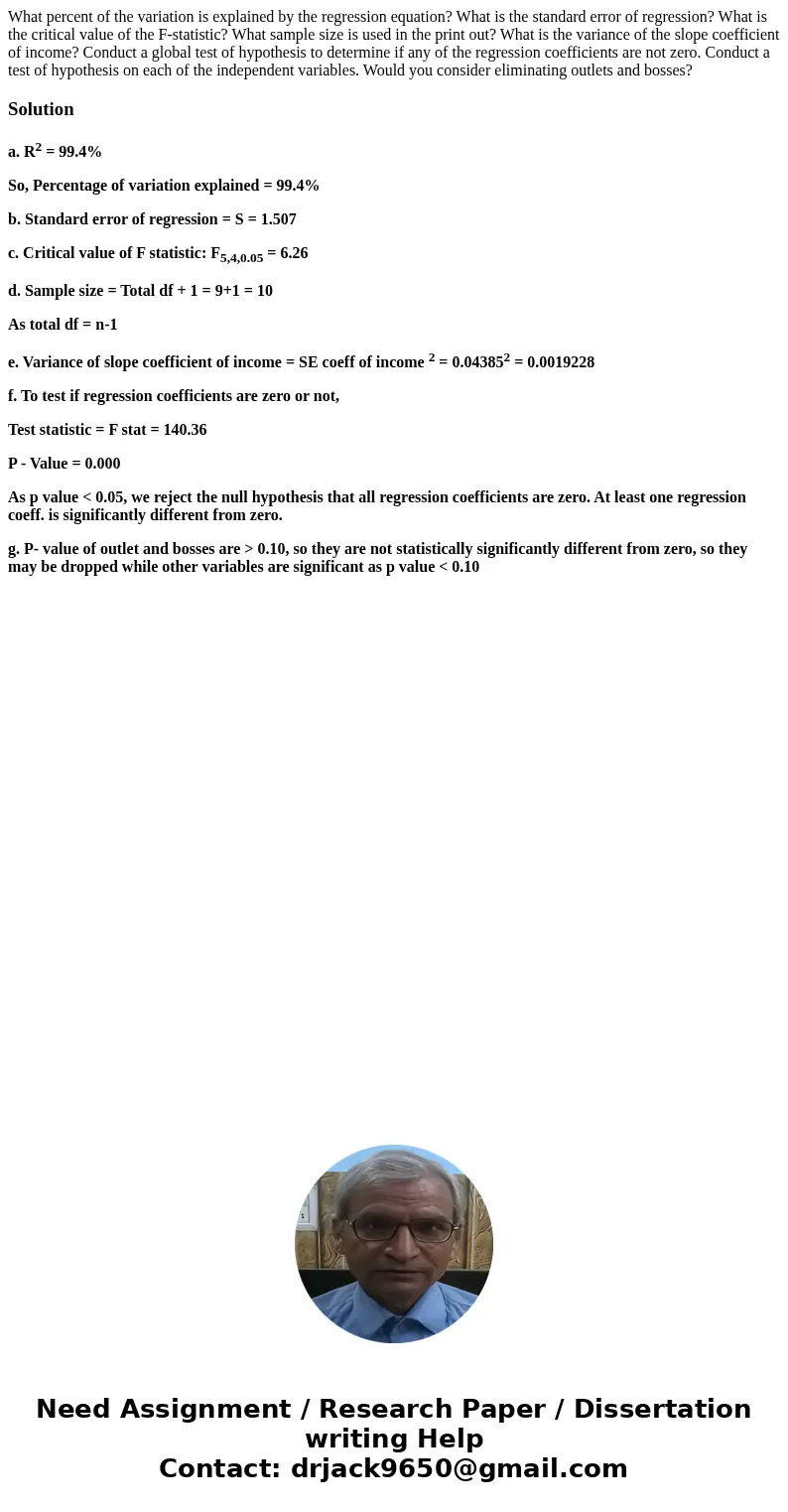 What percent of the variation is explained by the regression equation? What is the standard error of regression? What is the critical value of the F-statistic?  What percent of the variation is explained by the regression equation? What is the standard error of regression? What is the critical value of the F-statistic?