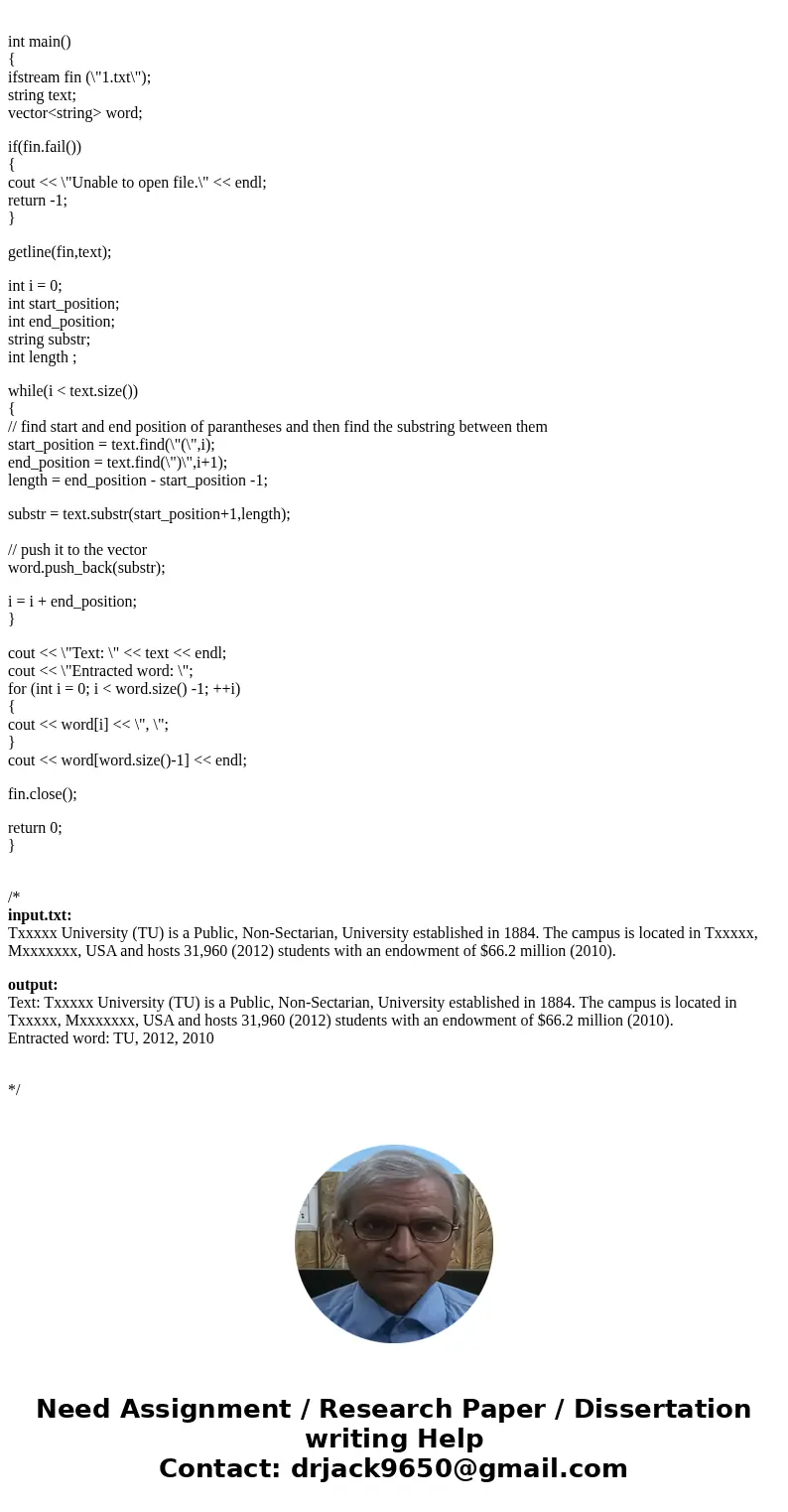 Write a C++ program? which extracts words inside the parentheses from the text, and stores the words into a vector. **The content of \