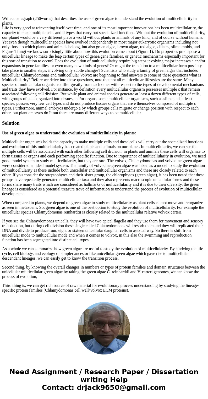 Write a paragraph (250words) that describes the use of green algae to understand the evolution of multicellularity in plants. Life is very good at reinventing   Write a paragraph (250words) that describes the use of green algae to understand the evolution of multicellularity in plants. Life is very good at reinventing
