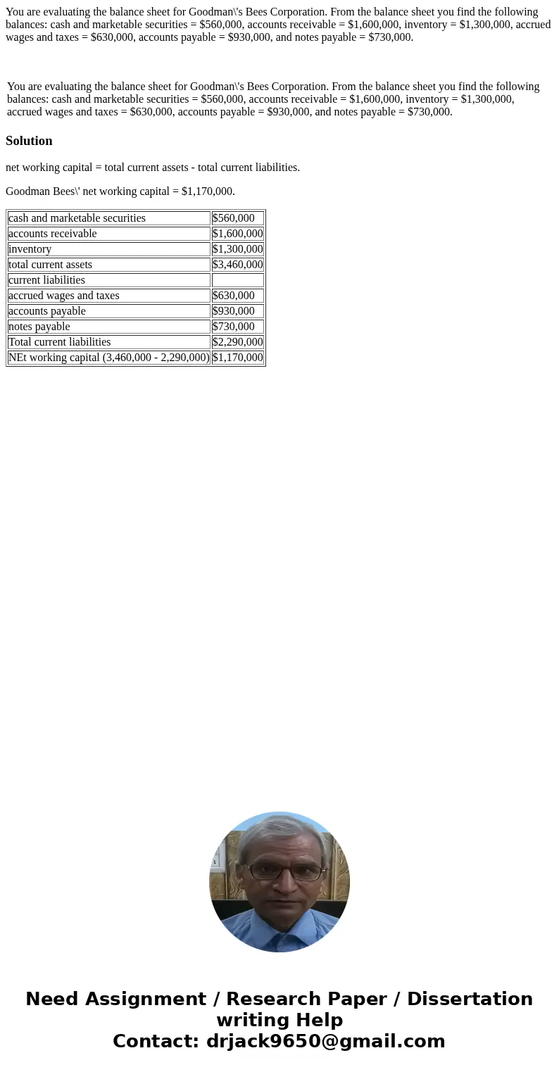 You are evaluating the balance sheet for Goodman\'s Bees Corporation. From the balance sheet you find the following balances: cash and marketable securities = $ You are evaluating the balance sheet for Goodman\'s Bees Corporation. From the balance sheet you find the following balances: cash and marketable securities = $