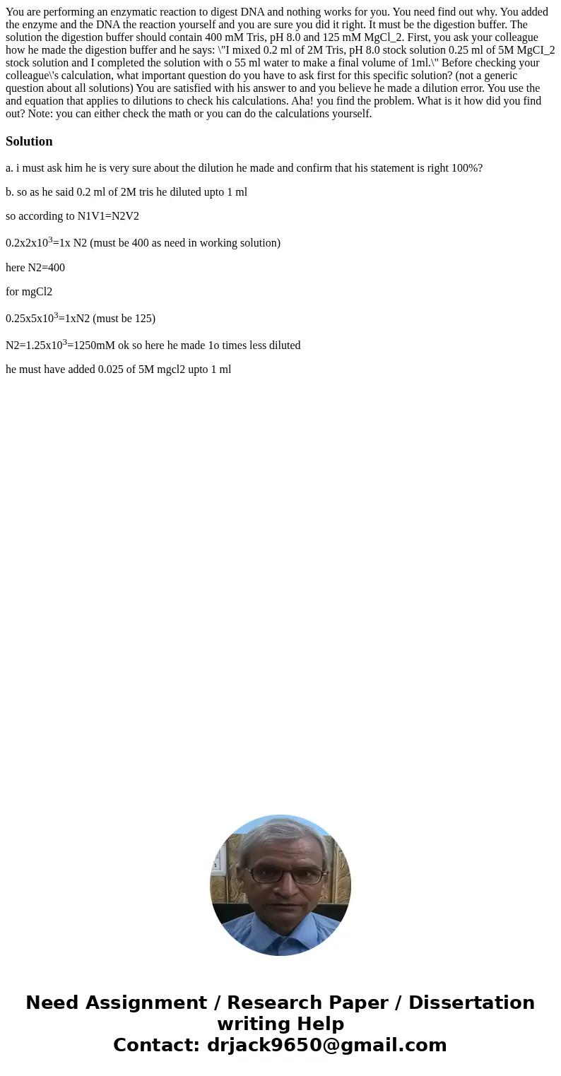 You are performing an enzymatic reaction to digest DNA and nothing works for you. You need find out why. You added the enzyme and the DNA the reaction yourself  You are performing an enzymatic reaction to digest DNA and nothing works for you. You need find out why. You added the enzyme and the DNA the reaction yourself