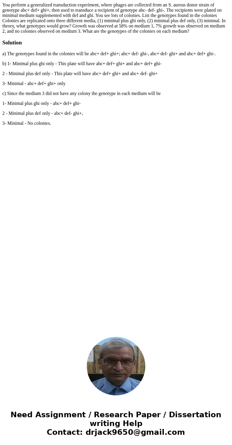 You perform a generalized transduction experiment, where phages are collected from an S. aureus donor strain of genotype abc+ def+ ghi+, then used to transduce  You perform a generalized transduction experiment, where phages are collected from an S. aureus donor strain of genotype abc+ def+ ghi+, then used to transduce