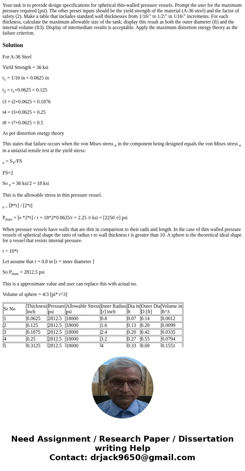 Your task is to provide design specifications for spherical thin-walled pressure vessels. Prompt the user for the maximum pressure required (psi). The other pr  Your task is to provide design specifications for spherical thin-walled pressure vessels. Prompt the user for the maximum pressure required (psi). The other pr