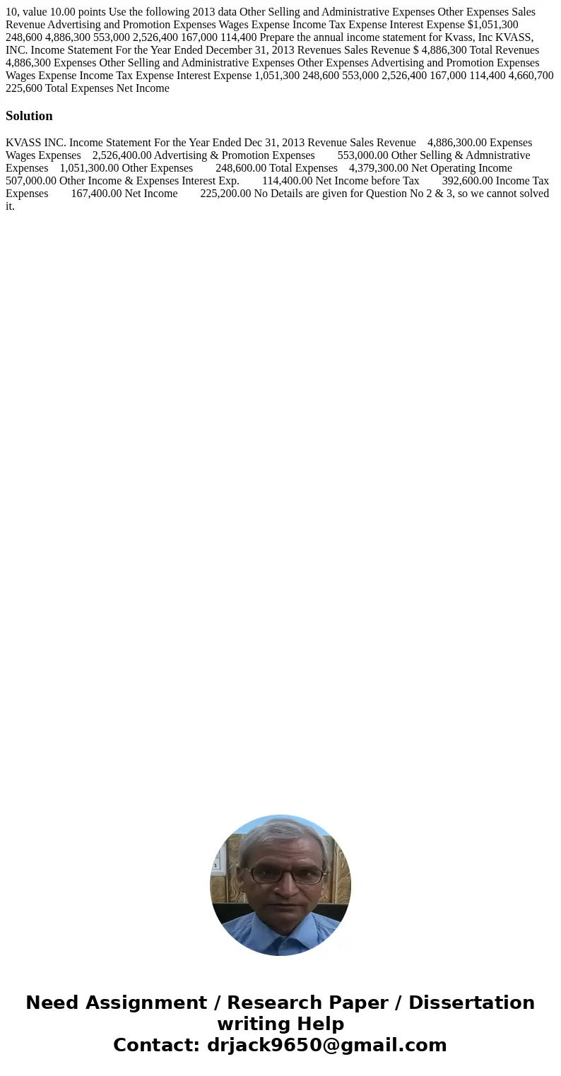 10, value 10.00 points Use the following 2013 data Other Selling and Administrative Expenses Other Expenses Sales Revenue Advertising and Promotion Expenses Wa  10, value 10.00 points Use the following 2013 data Other Selling and Administrative Expenses Other Expenses Sales Revenue Advertising and Promotion Expenses Wa