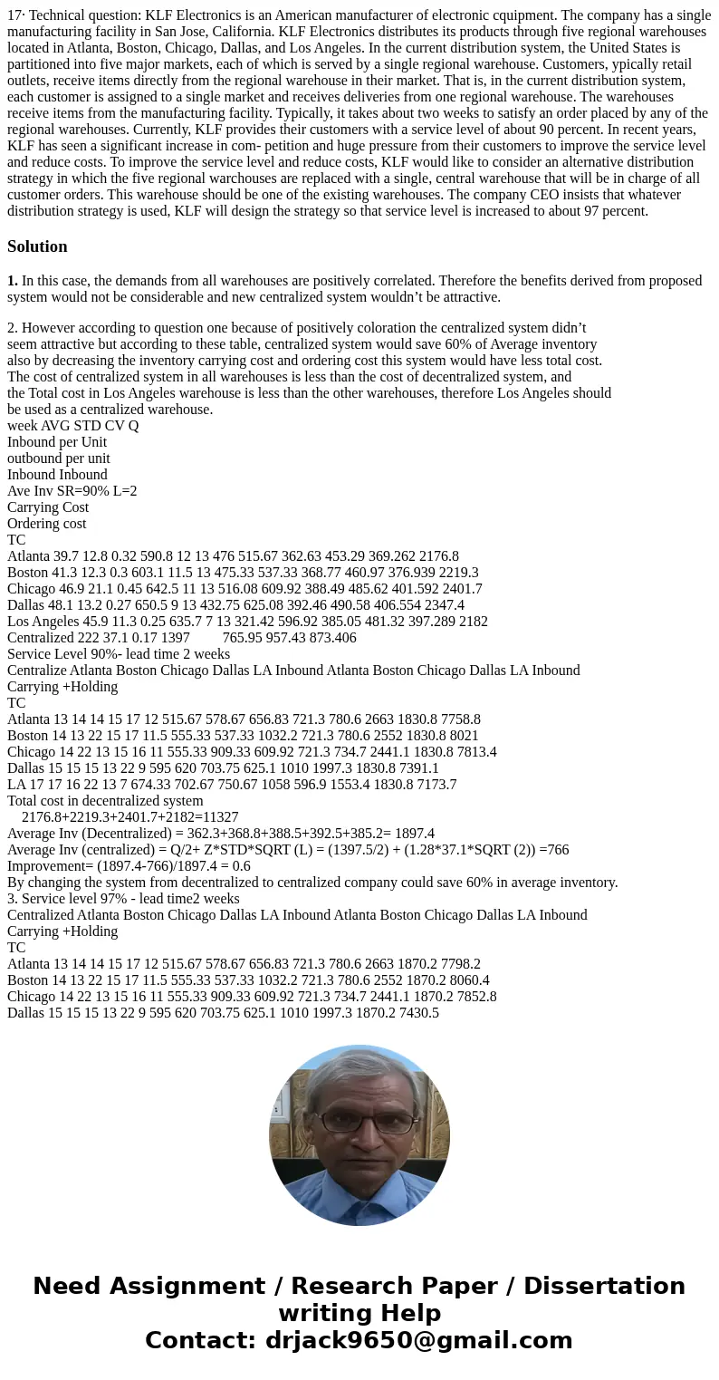 17· Technical question: KLF Electronics is an American manufacturer of electronic cquipment. The company has a single manufacturing facility in San Jose, Calif  17· Technical question: KLF Electronics is an American manufacturer of electronic cquipment. The company has a single manufacturing facility in San Jose, Calif