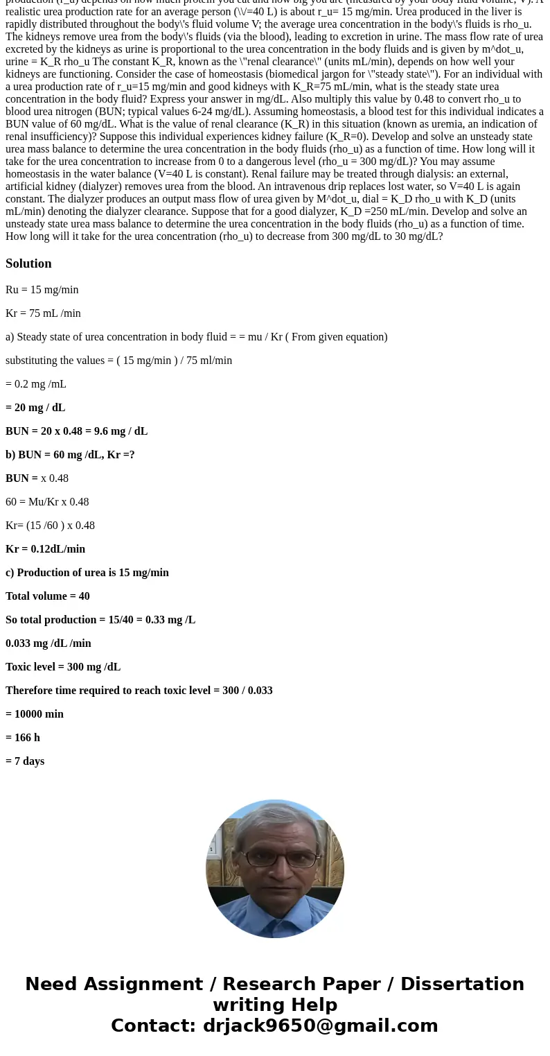 2. Renal Function and Dialysis Metabolism of protein in your diet produces urea as a byproduct. The rate of urea production (r_u) depends on how much protein y  2. Renal Function and Dialysis Metabolism of protein in your diet produces urea as a byproduct. The rate of urea production (r_u) depends on how much protein y