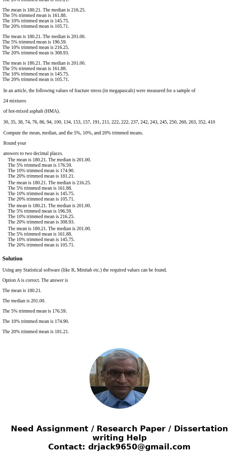 24 mixtures Round your The mean is 180.21. The median is 201.00. The 5% trimmed mean is 176.59. The 10% trimmed mean is 174.90. The 20% trimmed mean is 181.21.  24 mixtures Round your The mean is 180.21. The median is 201.00. The 5% trimmed mean is 176.59. The 10% trimmed mean is 174.90. The 20% trimmed mean is 181.21.