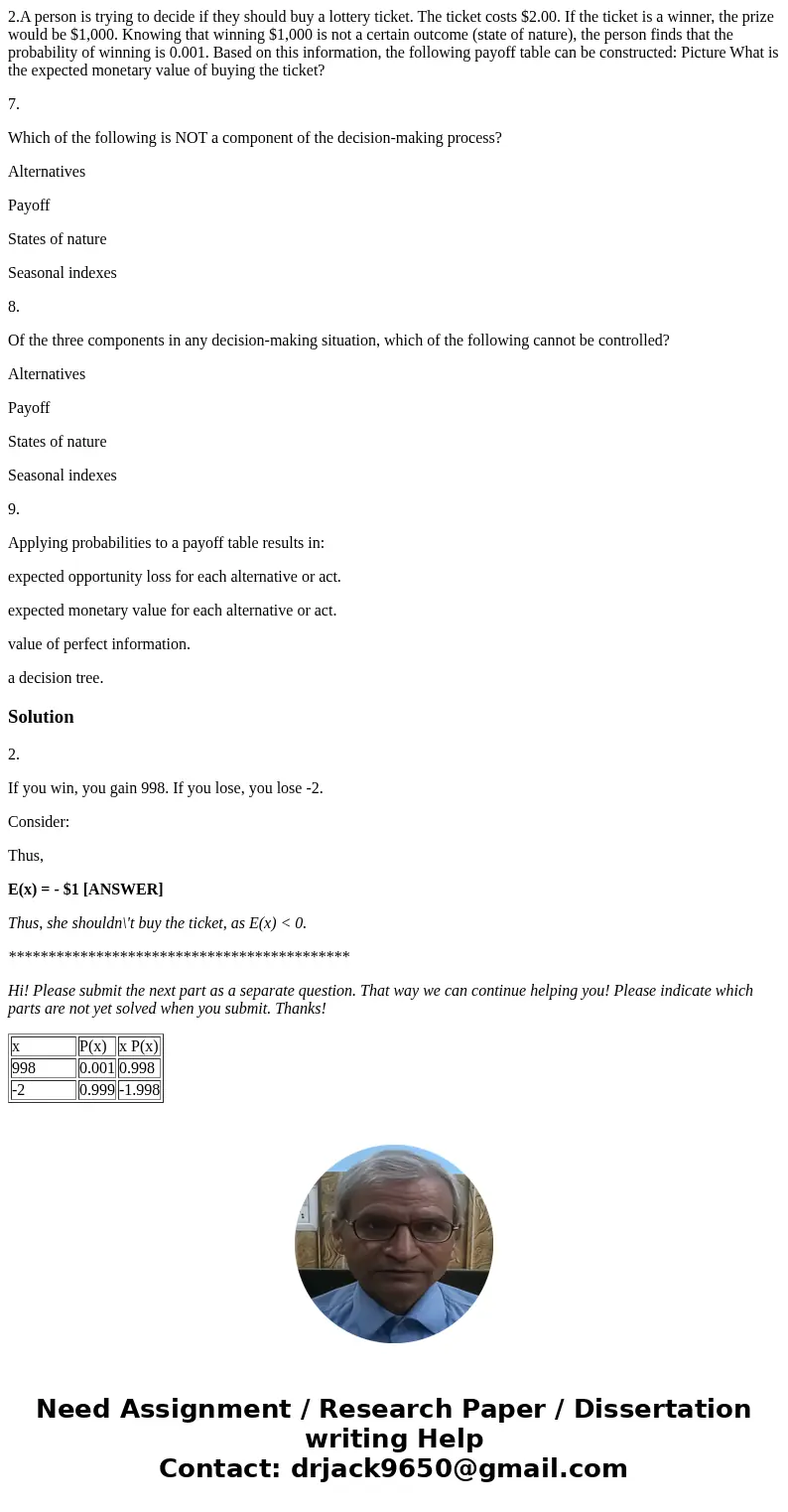 2.A person is trying to decide if they should buy a lottery ticket. The ticket costs $2.00. If the ticket is a winner, the prize would be $1,000. Knowing that w 2.A person is trying to decide if they should buy a lottery ticket. The ticket costs $2.00. If the ticket is a winner, the prize would be $1,000. Knowing that w