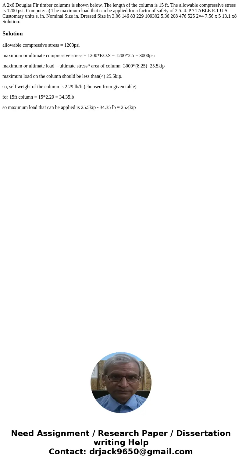 A 2x6 Douglas Fir timber columns is shown below. The length of the column is 15 ft. The allowable compressive stress is 1200 psi. Compute: a) The maximum load   A 2x6 Douglas Fir timber columns is shown below. The length of the column is 15 ft. The allowable compressive stress is 1200 psi. Compute: a) The maximum load