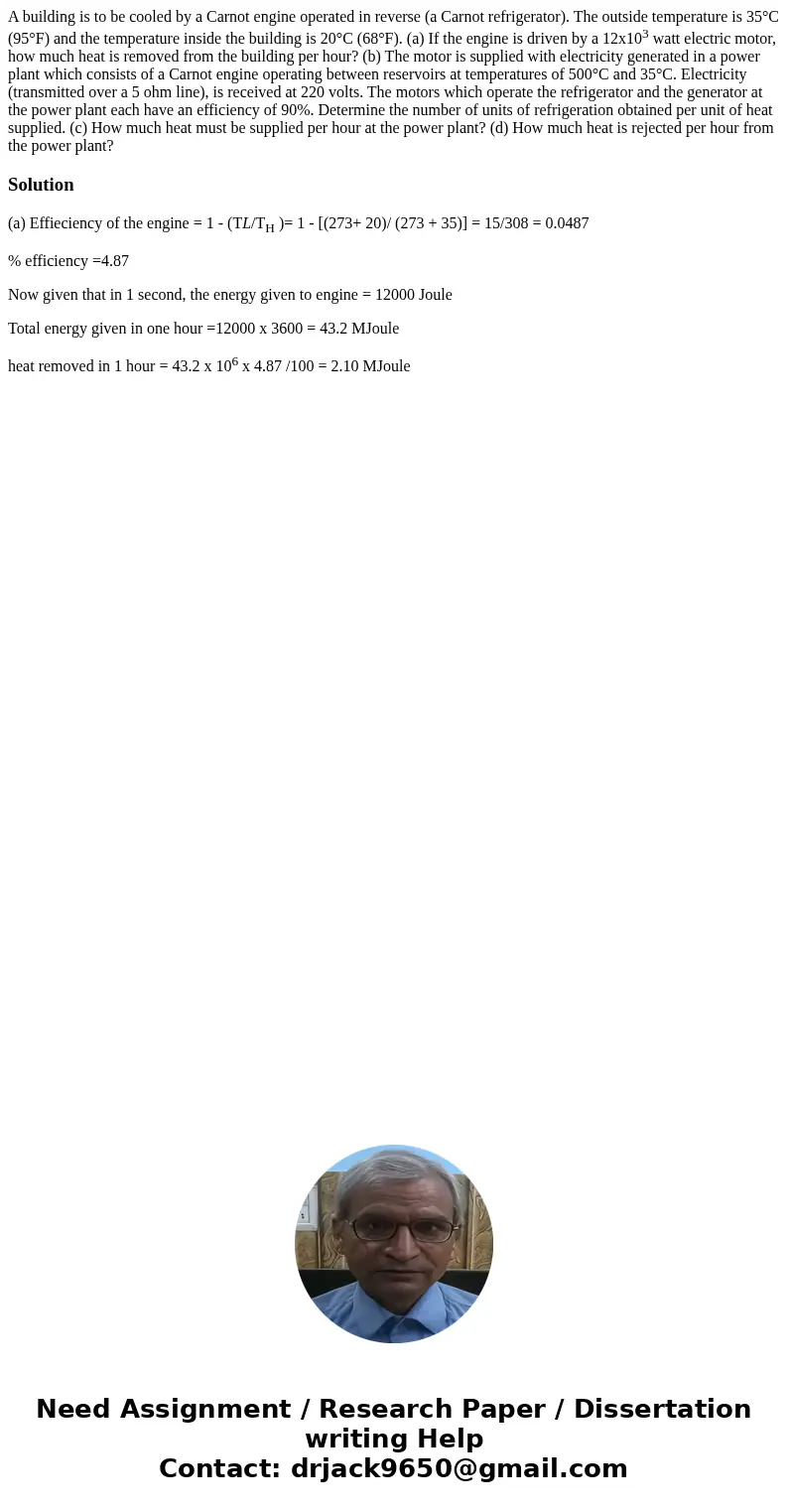 A building is to be cooled by a Carnot engine operated in reverse (a Carnot refrigerator). The outside temperature is 35°C (95°F) and the temperature inside the A building is to be cooled by a Carnot engine operated in reverse (a Carnot refrigerator). The outside temperature is 35°C (95°F) and the temperature inside the