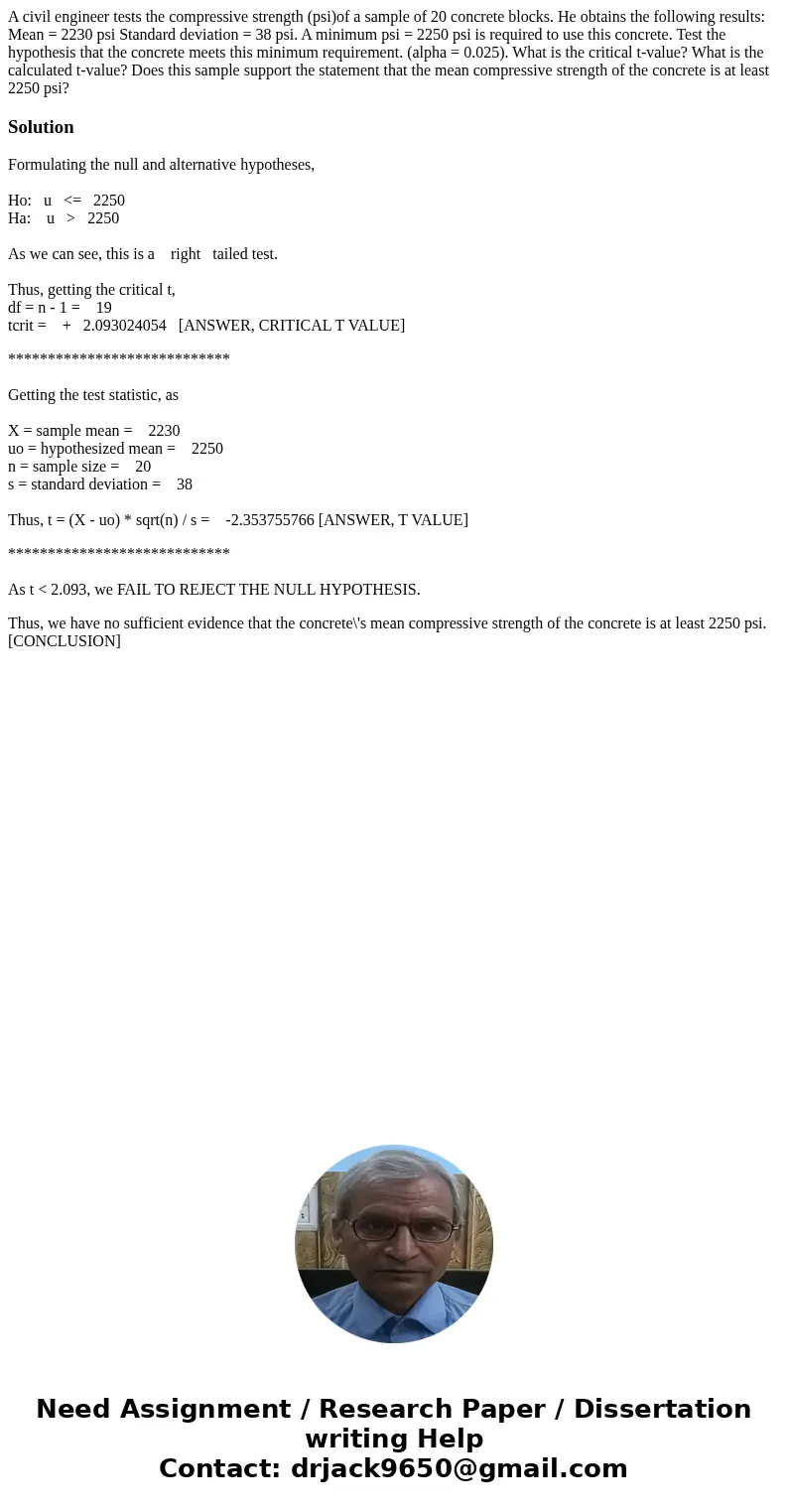 A civil engineer tests the compressive strength (psi)of a sample of 20 concrete blocks. He obtains the following results: Mean = 2230 psi Standard deviation = 3 A civil engineer tests the compressive strength (psi)of a sample of 20 concrete blocks. He obtains the following results: Mean = 2230 psi Standard deviation = 3