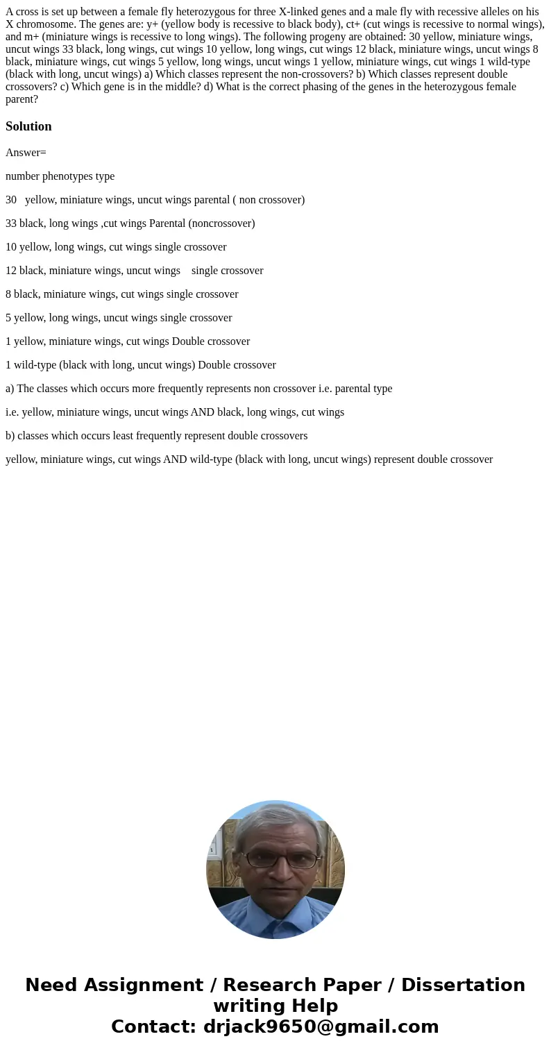 A cross is set up between a female fly heterozygous for three X-linked genes and a male fly with recessive alleles on his X chromosome. The genes are: y+ (yello A cross is set up between a female fly heterozygous for three X-linked genes and a male fly with recessive alleles on his X chromosome. The genes are: y+ (yello