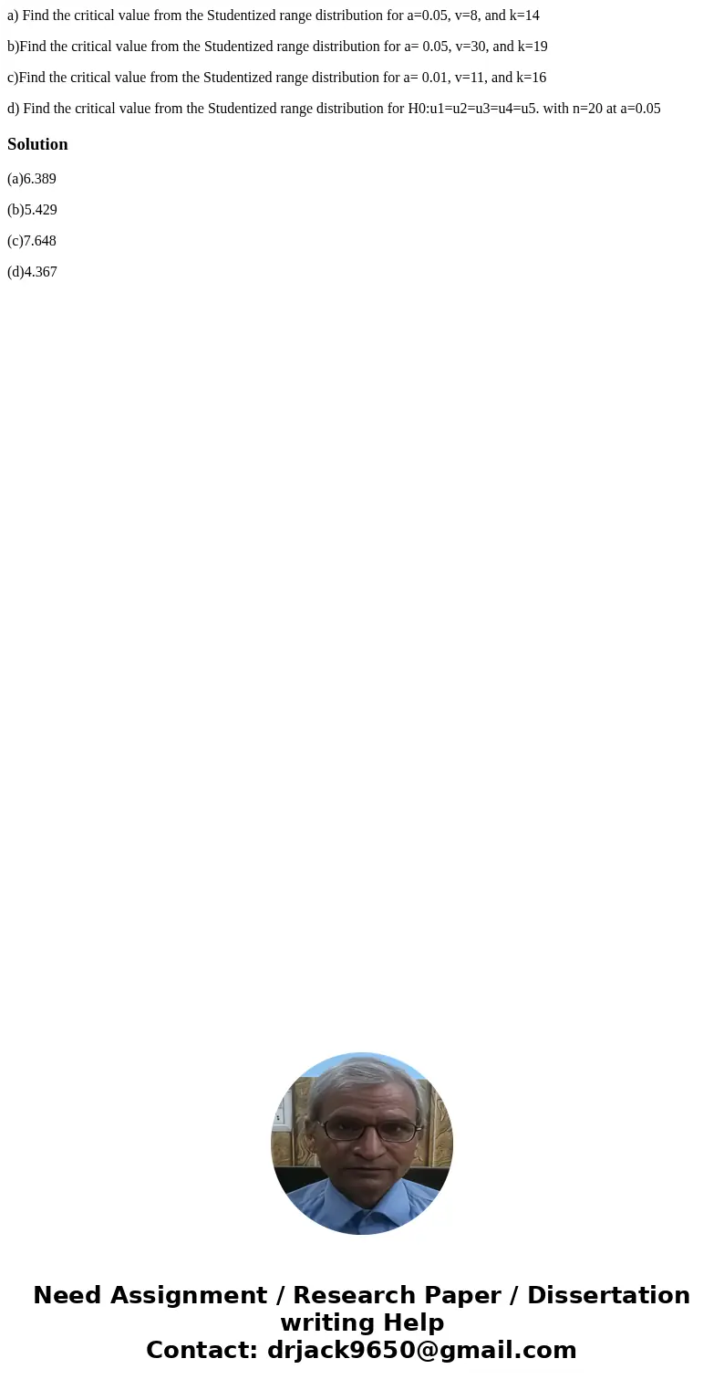 a) Find the critical value from the Studentized range distribution for a=0.05, v=8, and k=14 b)Find the critical value from the Studentized range distribution f a) Find the critical value from the Studentized range distribution for a=0.05, v=8, and k=14 b)Find the critical value from the Studentized range distribution f