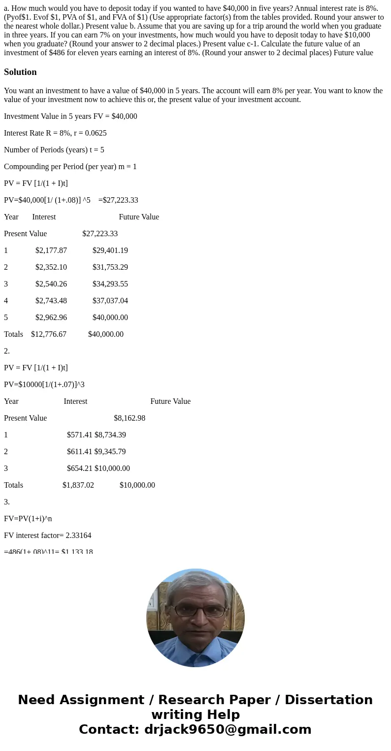 a. How much would you have to deposit today if you wanted to have $40,000 in five years? Annual interest rate is 8%. (Pyof$1. Evof $1, PVA of $1, and FVA of $1  a. How much would you have to deposit today if you wanted to have $40,000 in five years? Annual interest rate is 8%. (Pyof$1. Evof $1, PVA of $1, and FVA of $1