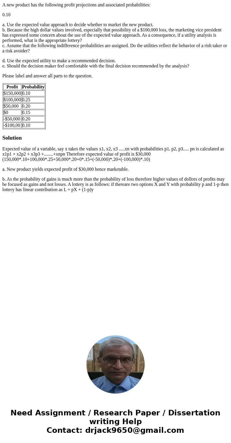 A new product has the following profit projections and associated probabilities: 0.10 a. Use the expected value approach to decide whether to market the new pro
