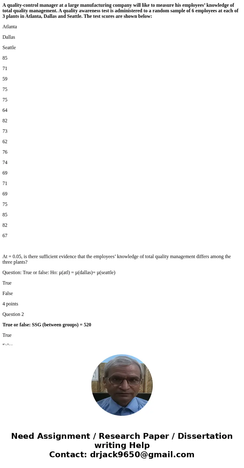 A quality-control manager at a large manufacturing company will like to measure his employees’ knowledge of total quality management. A quality awareness test i