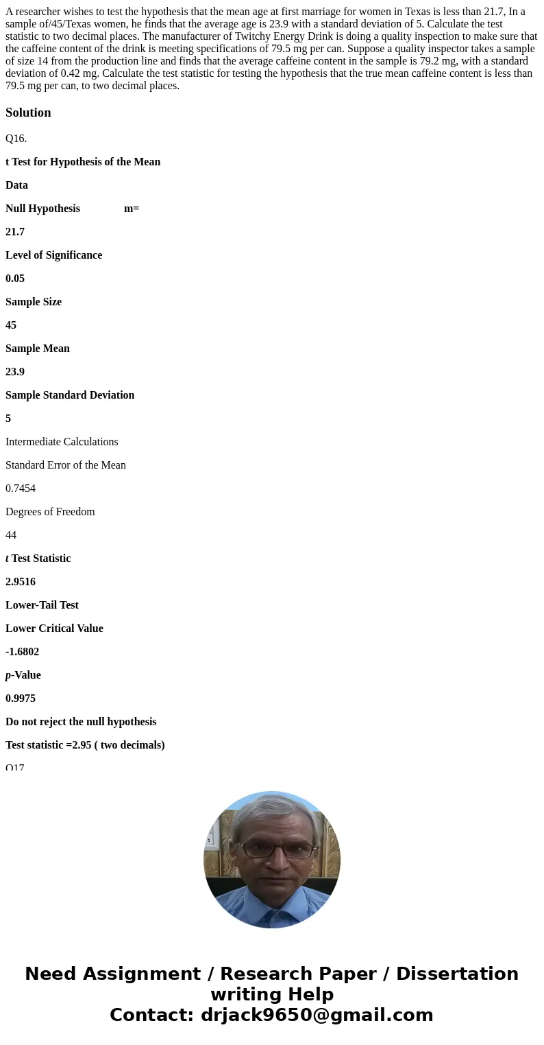  A researcher wishes to test the hypothesis that the mean age at first marriage for women in Texas is less than 21.7, In a sample of/45/Texas women, he finds th