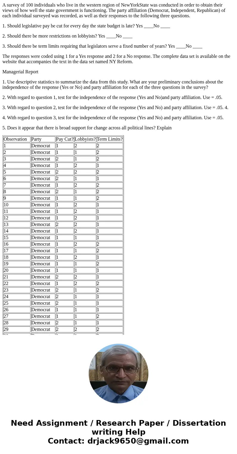 A survey of 100 individuals who live in the western region of NewYorkState was conducted in order to obtain their views of how well the state government is func A survey of 100 individuals who live in the western region of NewYorkState was conducted in order to obtain their views of how well the state government is func