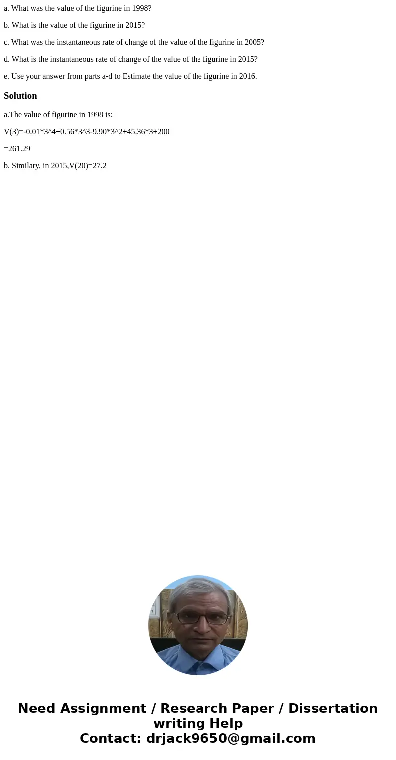 a. What was the value of the figurine in 1998? b. What is the value of the figurine in 2015? c. What was the instantaneous rate of change of the value of the fi a. What was the value of the figurine in 1998? b. What is the value of the figurine in 2015? c. What was the instantaneous rate of change of the value of the fi