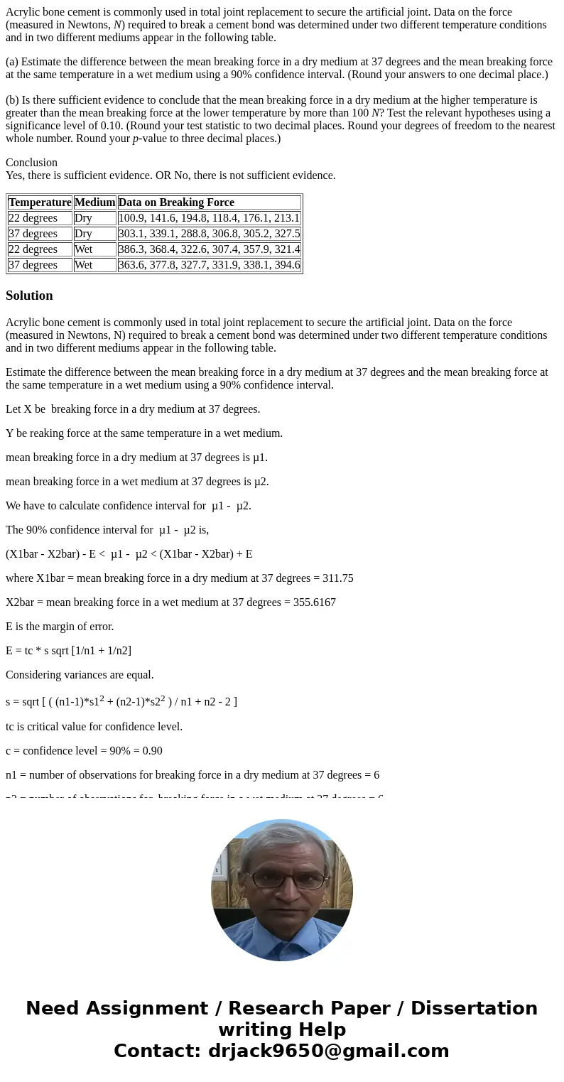 Acrylic bone cement is commonly used in total joint replacement to secure the artificial joint. Data on the force (measured in Newtons, N) required to break a c Acrylic bone cement is commonly used in total joint replacement to secure the artificial joint. Data on the force (measured in Newtons, N) required to break a c