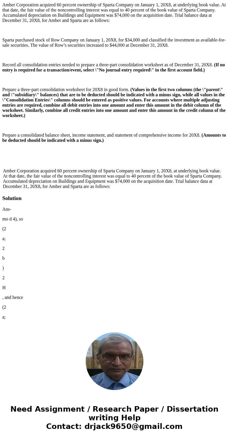 Amber Corporation acquired 60 percent ownership of Sparta Company on January 1, 20X8, at underlying book value. At that date, the fair value of the noncontrolli Amber Corporation acquired 60 percent ownership of Sparta Company on January 1, 20X8, at underlying book value. At that date, the fair value of the noncontrolli