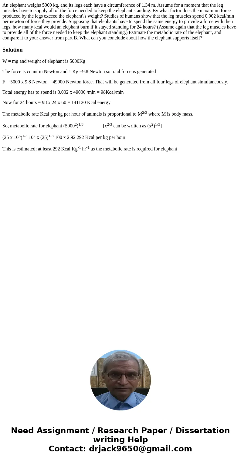  An elephant weighs 5000 kg, and its legs each have a circumference of 1.34 m. Assume for a moment that the leg muscles have to supply all of the force needed t