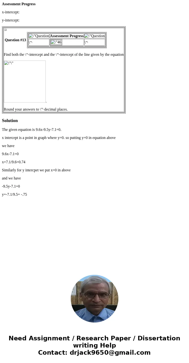 Assessment Progress x-intercept: y-intercept: Question #13 Assessment Progress Find both the -intercept and the -intercept of the line given by the equation . R