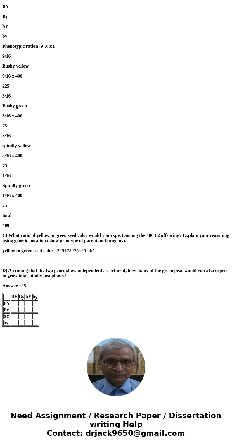 Assume that Mendel selfed a bushy pea plants that was grown from yellow seed (an F1 hybrid). This hybrid had one parent that was spindly and grown from a green  Assume that Mendel selfed a bushy pea plants that was grown from yellow seed (an F1 hybrid). This hybrid had one parent that was spindly and grown from a green