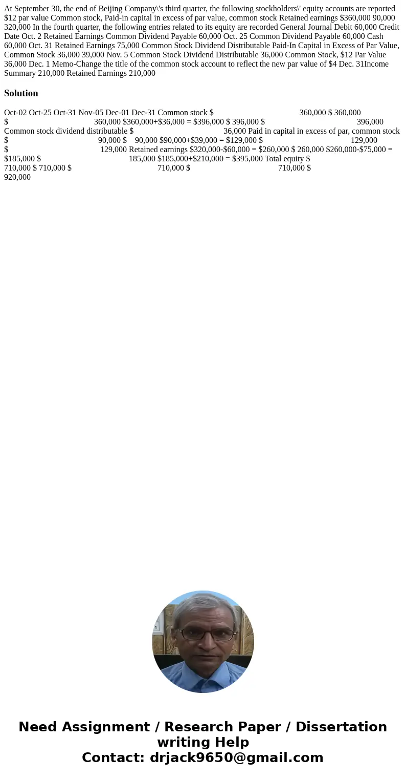  At September 30, the end of Beijing Company\'s third quarter, the following stockholders\' equity accounts are reported $12 par value Common stock, Paid-in cap