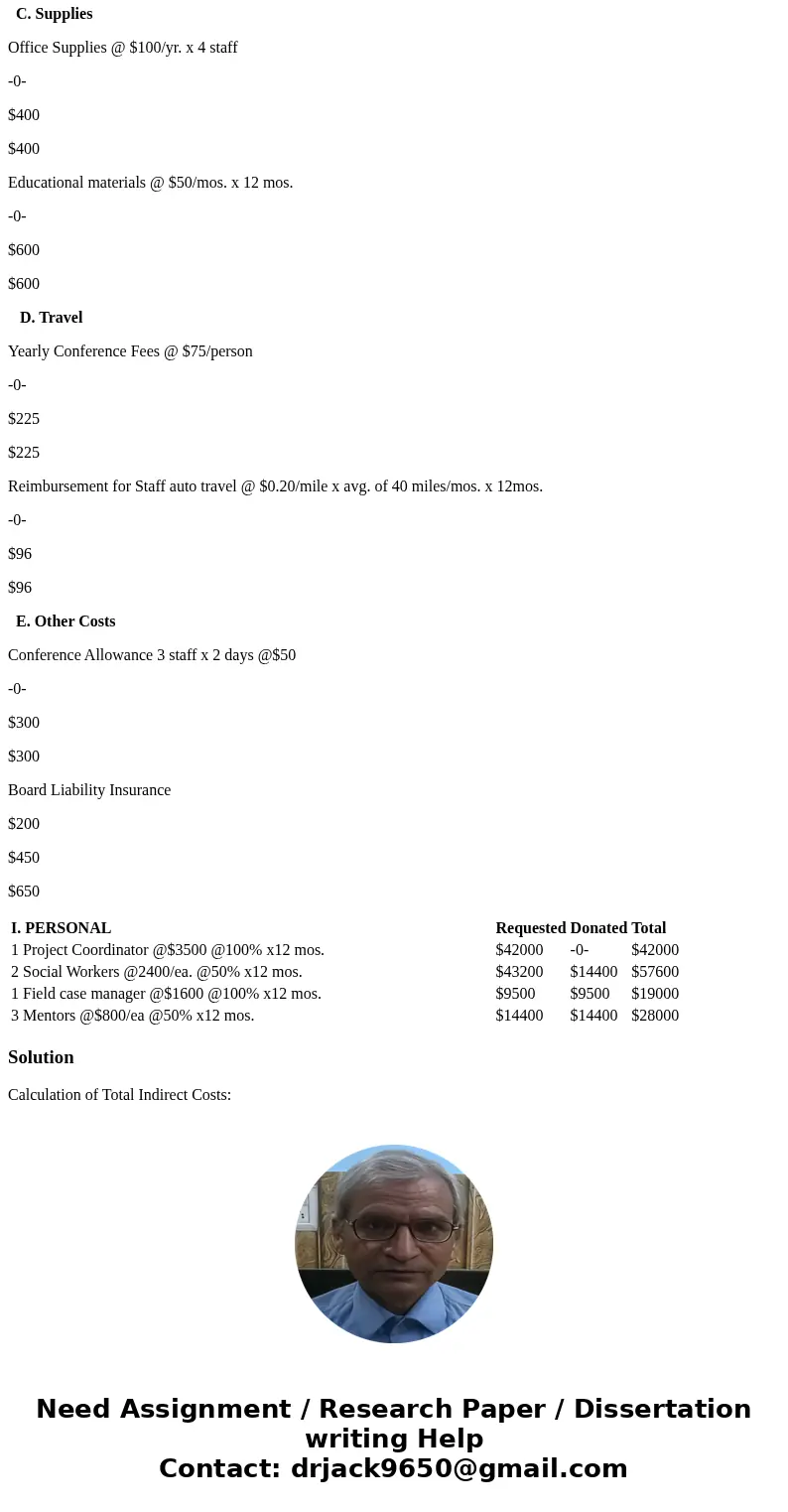 Calculate the total indirect costs, for a non-profit organization, with the given information below: I. PERSONAL Requested Donated Total 1 Project Coordinator @ Calculate the total indirect costs, for a non-profit organization, with the given information below: I. PERSONAL Requested Donated Total 1 Project Coordinator @