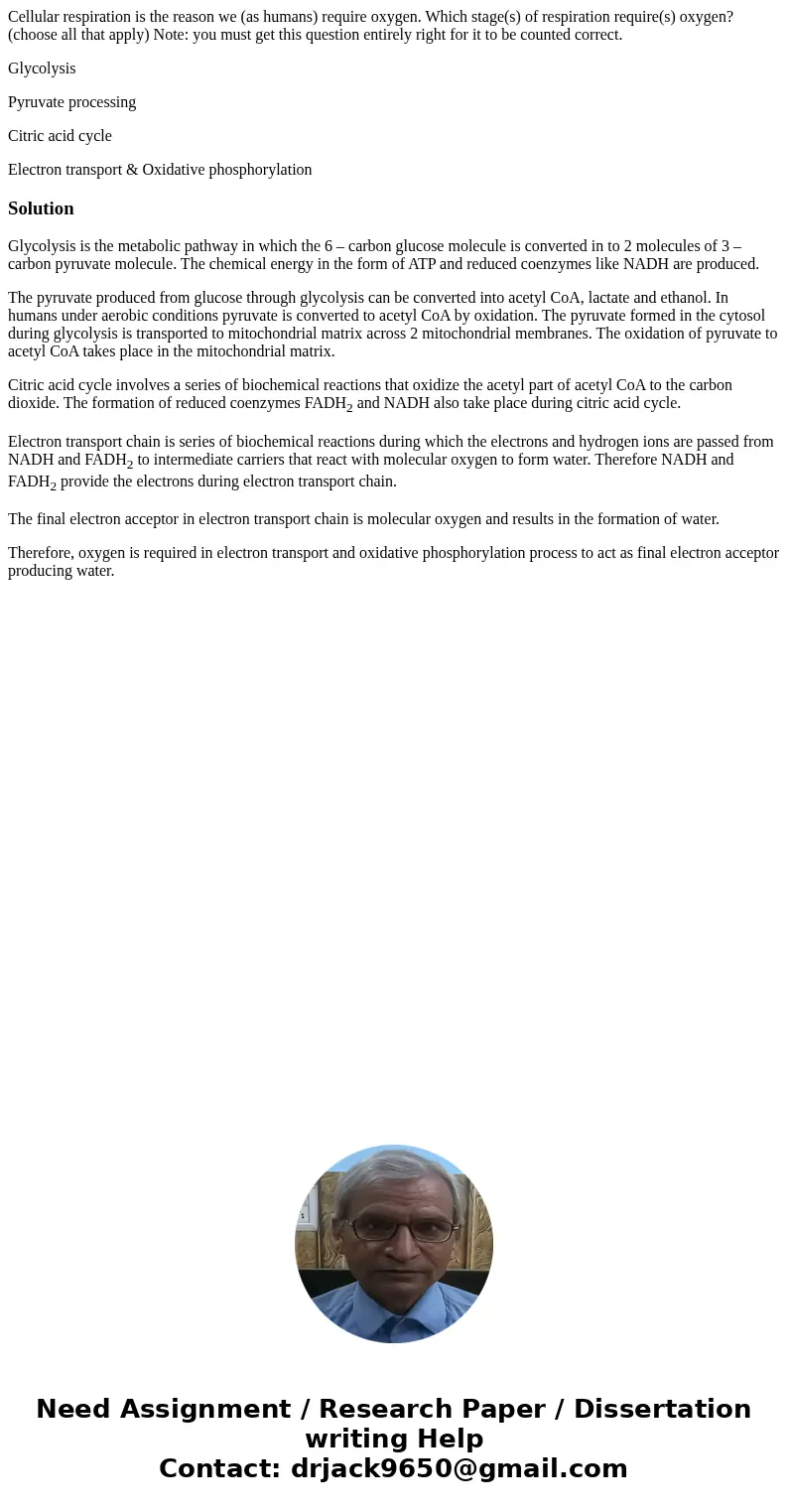 Cellular respiration is the reason we (as humans) require oxygen. Which stage(s) of respiration require(s) oxygen? (choose all that apply) Note: you must get th
