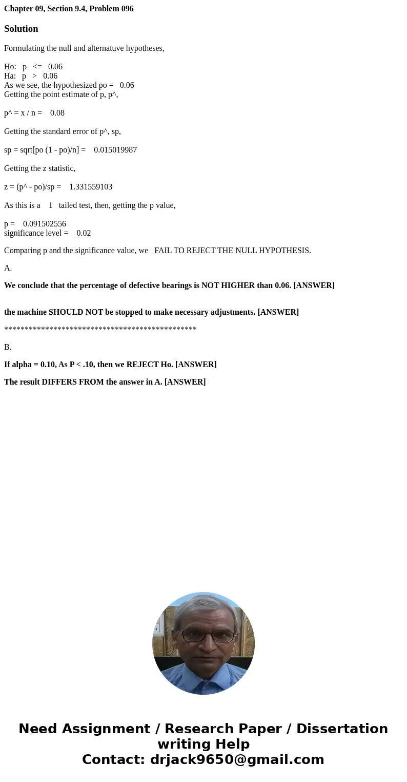 Chapter 09, Section 9.4, Problem 096SolutionFormulating the null and alternatuve hypotheses, Ho: p <= 0.06 Ha: p > 0.06 As we see, the hypothesized po = 0 Chapter 09, Section 9.4, Problem 096SolutionFormulating the null and alternatuve hypotheses, Ho: p <= 0.06 Ha: p > 0.06 As we see, the hypothesized po = 0