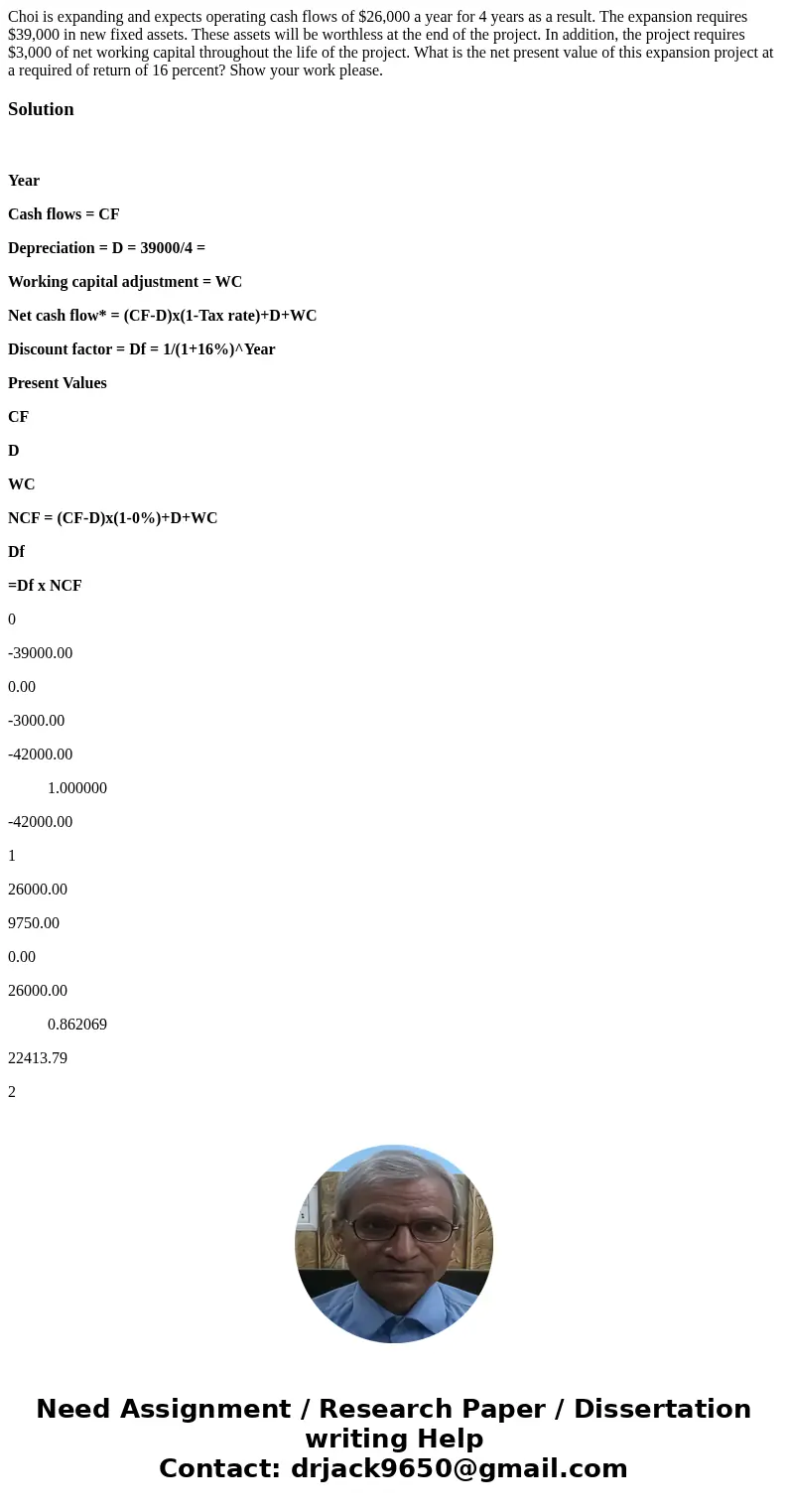 Choi is expanding and expects operating cash flows of $26,000 a year for 4 years as a result. The expansion requires $39,000 in new fixed assets. These assets w Choi is expanding and expects operating cash flows of $26,000 a year for 4 years as a result. The expansion requires $39,000 in new fixed assets. These assets w